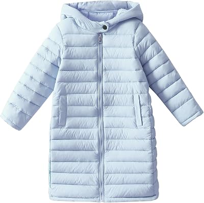 Boys Girls Long Lightweight Hooded Puffer Jacket Packable Autumn and Winter Long Down Coats