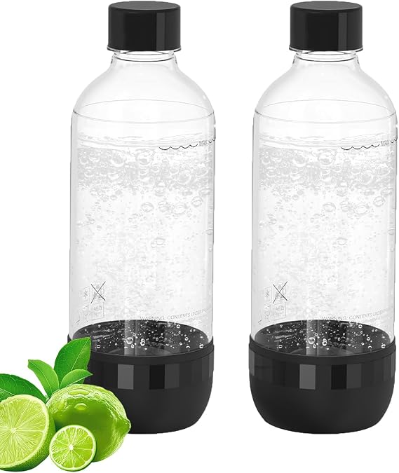 Soda Maker Bottle, 1 Litre Reusable BPA Free Sparkling Water Bottles, Reusable Carbonating Bottles, Replacement Bottle for Soda Machine, 2 Pack, Black (1L) & Black (1L)
