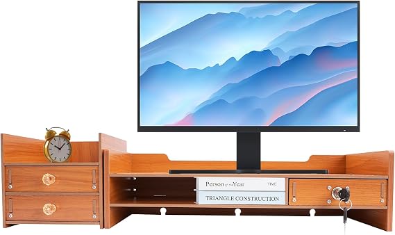 Wood Monitor Stand With 3 Drawers Screen Stand For Monitor Computer Monitor Riser With Key And Handle,For Storing Computer Monitors, Files, And Laptops,Office Supplies,48 * 20 * 13.5cm ﻿