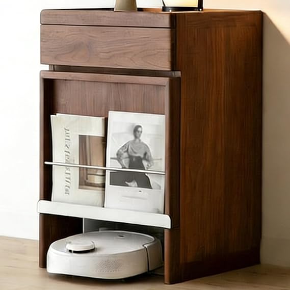 Wood Hidden Robot Vacuum Storage Cabinet with Door & Drawer, Robot Vacuum Cleaner Storage Rack, Sofa Side Table Storage Cabinet for Living Room, Bedroom Space Saver 20x20x30(Walnut)