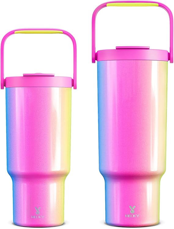 Meoky 40 oz Tumbler with Handle and Straw, Meoky 32 oz Tumbler with Handle, Stainless Steel Travel Mug, Keeps Cold, Fits in Car Cup Holder (Carnival)