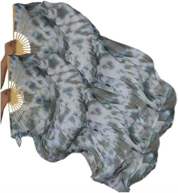 Women Belly Dance Silk Veils Colorful Tie-Dyed Fans 1.8M 1 Pair(Left+Right) Folding Bamboo Long Fans for Dance Performance