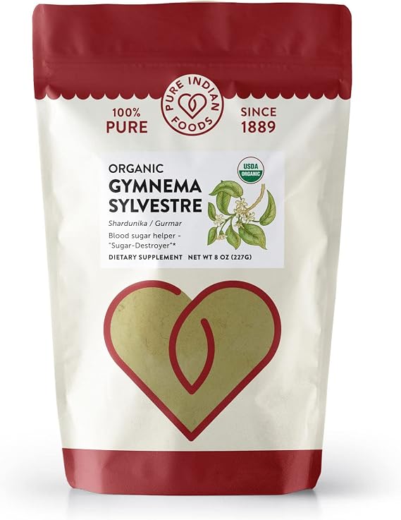 PURE INDIAN FOODS Certified Organic Gymnema sylvestre Powder (Gymnema sylvestre) - 8 oz | Made from Gymnema sylvestre Leaves | Vegan Vegetarian Gluten-Free Non-GMO