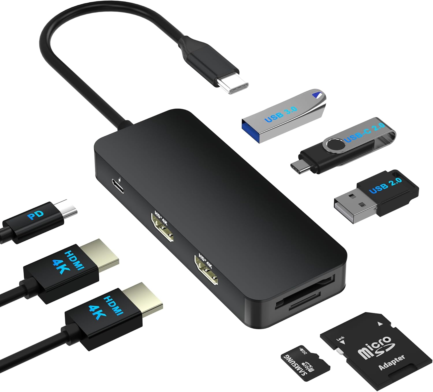 USB C Docking Station Dual Monitor for DellHPMac Laptop, Dual HDMI Adapter for 2 Monitors, HDMI Splitter for Dual Monitors Extended Display, 8 in 1 USB C Hub Multiport Adapter with HDMIUSBPDSDTF