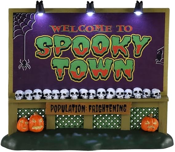 Lemax Spooky Town Sign, Battery-Operated (4.5V), #04710, Plastic, 4.72-In | Illuminated Village Entrance Sign | On/Off Switch, 3 AA Batteries or Adaptor | Halloween Village Display