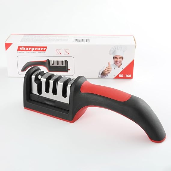 4-in-1 Kitchen Knife Sharpener, Professional Grade with Tungsten Steel, Ceramic Slots, Scissor Sharpening, Black, Red, Removable Grinding Head (red, 4)
