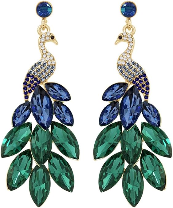 Vintage Peacock Dangle Earrings for Women 14K Gold Plated Green Crystal Feather Peafowl Statement Drop Dangling Stud Earring Boho Exaggerated Birthday Holiday Jewelry Gifts