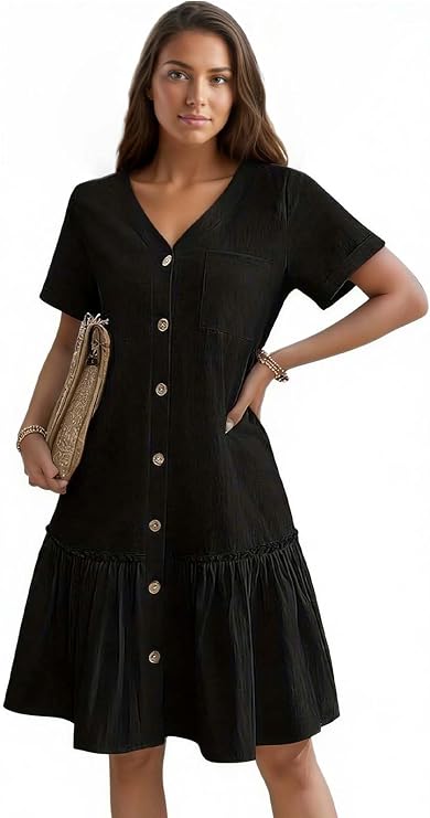 Women Button Down Dress Loose Summer Cotton Linen Dress Ruffle Hem Casual Dress Short Sleeve Tunic Dress