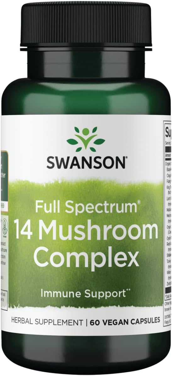 Swanson Full Spectrum 14 Mushroom Complex, 60 Vegan Capsules | Immune Booster Offering Stimulating Support for Natural Killer Cells, Boosts Antioxidant Activity and Immune Health