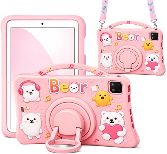 UnDePlus iPad 11.Nesil A16 11inç/10.Nesil 10.9inç ile uyumlu Kılıf Cute Dolls Standlı Eğlenceli 3D Karekterli Çocuk Kılıfı Bear-Pembe
