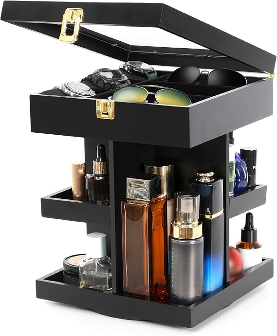 360 Rotating Wood Cologne Organizer for Men Daily Essentials