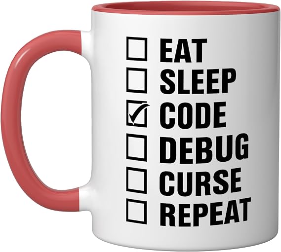 Eat Sleep Code Debug Curse Repeat Ceramic Mug, Red/White, 11oz