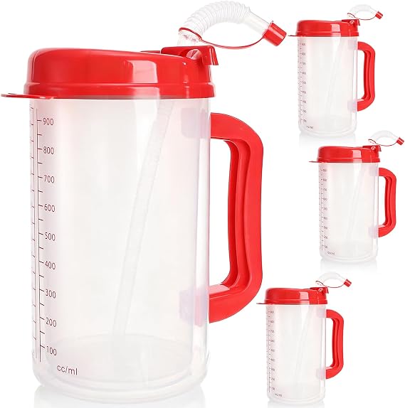 4 Pack Hospital Water Cup with Straw and Lid, 32 OZ Double Walled Bottle with Handle, Plastic Hospital Insulated Drinking Carafes, Water Tracker Mug for Beverage Serveware, Kitchen, Nursing
