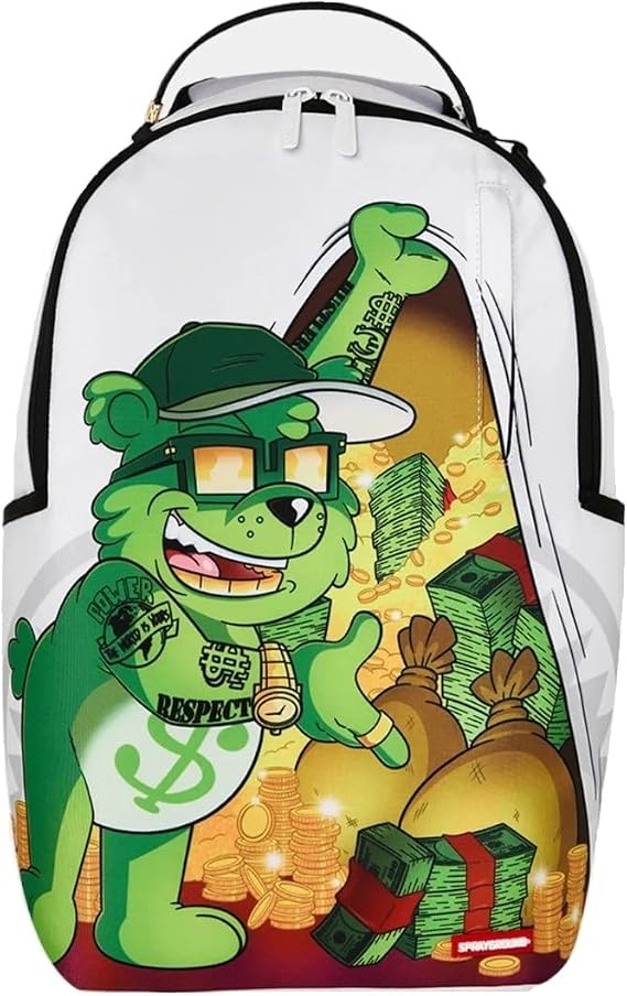 Sprayground Money Bear Stash Backpack, White/Green, Mens, Durable, Multiple Compartments, Padded Straps