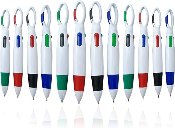 NSBELL 12PCS Plastic Carabiner Shuttle Pens 4-in-1 Retractable Ballpoint Pens Multicolor Pens with Buckle Keychain on Top for Office School Supplies Students Children Gift