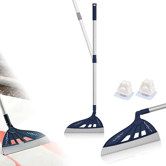 Magic Air Broom Household Silicone Broom, Multifunction Squeegee with 2 Heads - Brush and Scrape, Magic Broom Sweeper with Extra-Long Adjustable Aluminum Handle for Floor, Glass, Tile (Blue)