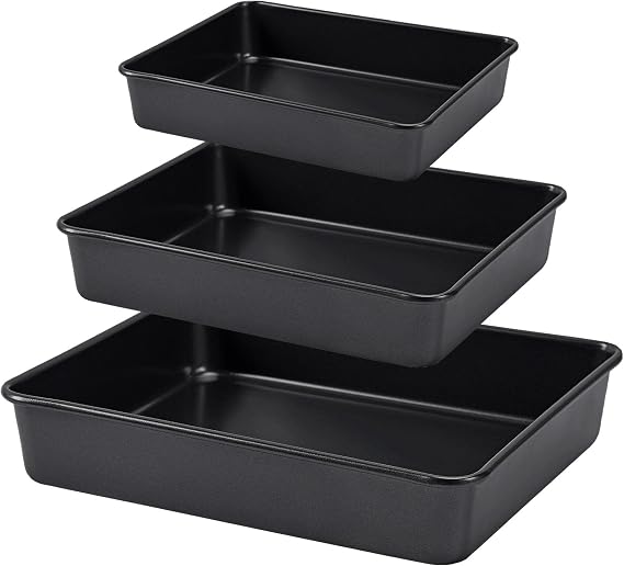 Nonstick Roasting Pan, Deep Baking Pan Set, Large Cake Pan Sets for Oven, 3-Piece Brownie Pan (Black)