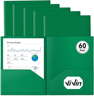 ViVin 60-Pack Green Plastic Folders with Pockets, Fits 8.5 x 11 Inch Letter Size Papers, Sturdy 2 Pocket Folders, Plastic Pocket Folder for Home School and Office