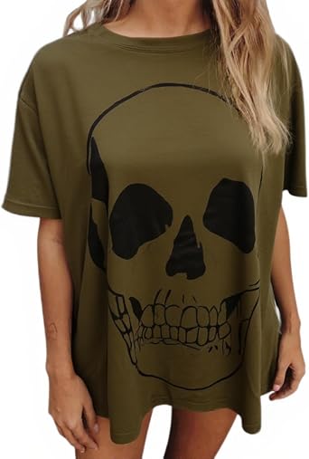 Womens Graphic Shirts Short Sleeve Crewneck Tees Skull Distressed T Shirt Loose Oversize Casual Tops M-XXL