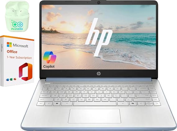 HP 14" Business Laptop Computer with 1-Year Office 365, Intel Quad-Core N150 Processor, 4GB RAM 384GB Storage (128GB UFS+256GB SD Card), Windows 11 Home, PLUSERA Earphones, Sky Blue