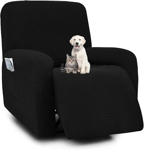Lazy Boy Recliner Chair Covers 4 Piece, Recliner Slip Cover with Pockets, Reclining Couch Covers for Dogs, Sofa Slipcovers Stretch, for Living Room (Black)