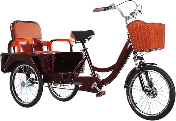 Elderly Rickshaw Pedal Tricycle with Large Cabin,20inch Dual-use Cargo Trike,Tandem Tricycle with Dual seat,3 Wheels Cruiser Trike Bike with Shock Absorbing Fork,Sensitive Brakes