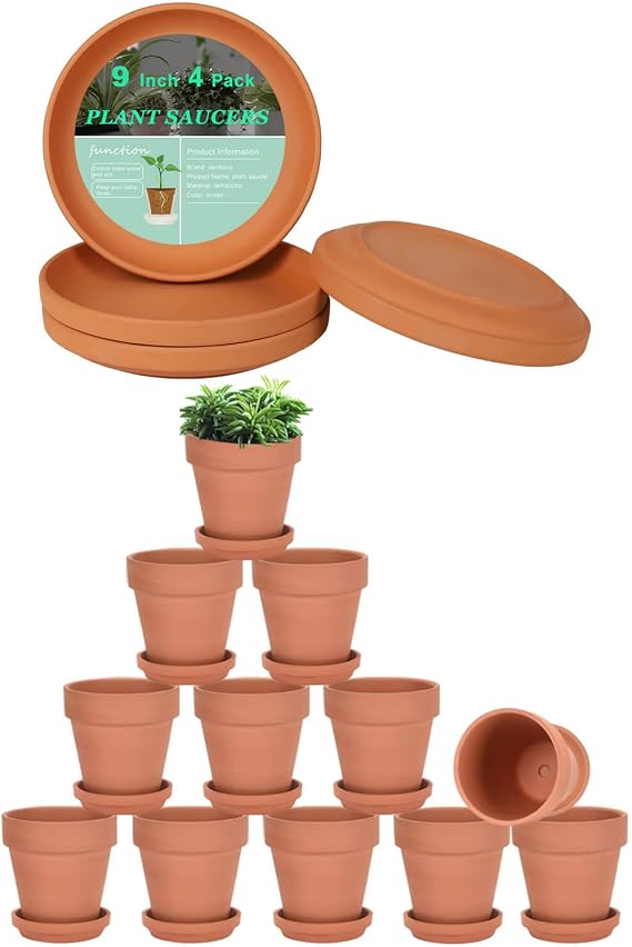 vensovo 3 Inch Terracotta Pots and 9 Inch Terracotta Pot Plant Saucer - 12 Pack Mini Clay Pot and 4 pcs Large Round Plant Pot Saucers, Great for Plants, Crafts, Wedding Favor