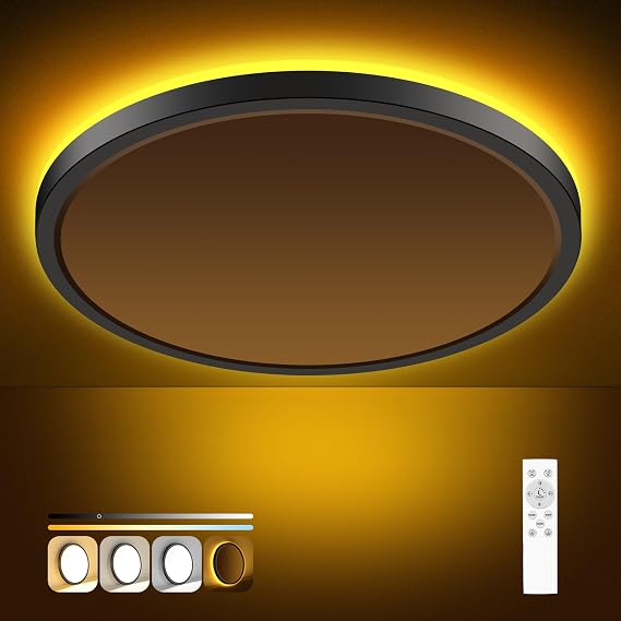 zemty 22 cm LED Ceiling Light Dimmable 15 W Ceiling Light with Remote Control Flat Ceiling Light Round with Night Light Function for Bedroom Bathroom Children's Room (Black Pack of 1) [Energy Class E]