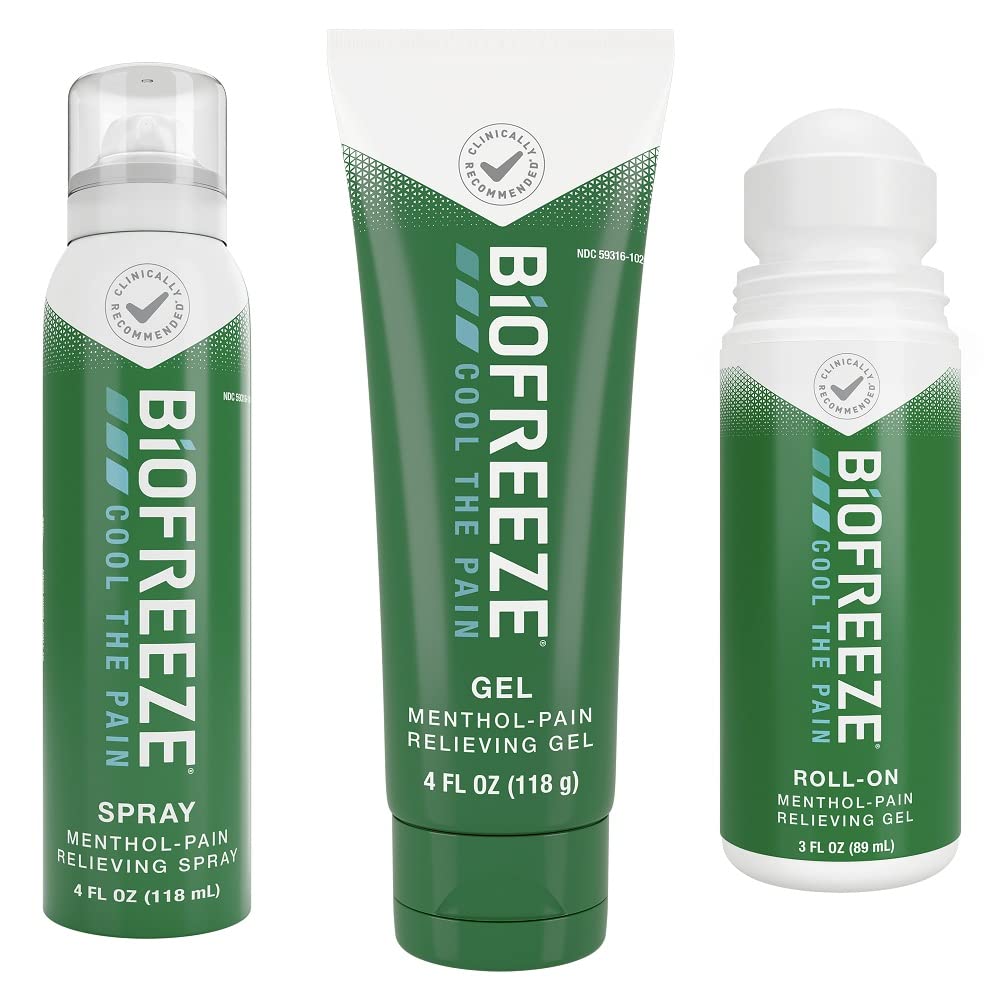 Biofreeze Pain Relief Roll-On, Gel & Spray, Knee & Lower Back Pain Relief, Sore Muscle Relief, Neck Pain Relief, FSA Eligible, Assortment Pack Menthol 3 FL OZ Roll-On, 4 FL OZ Gel, 4 FL OZ Spray