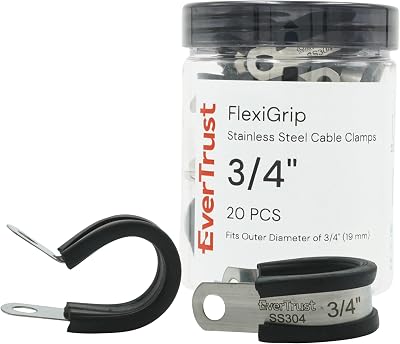 Flexigrip Stainless Steel Cable Clamps 34. 304 Stainless Steel with Ribbed Rubber Lining. Suitable for garden, automobile, garage, home, kitchen. Fits 34 or 19mm OD. 20 pcs