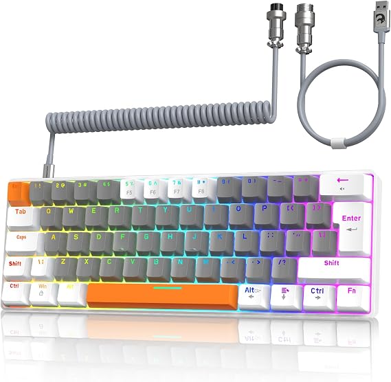 ZIYOU LANG T60 Wired Gaming Keyboard with Coiled USB C Cable, UK Layout Mini 60% Compact 62 Keys Anti-ghosting Rainbow Backlit Light Up Mechanical Keyboard Linear Red Switch for PC/Mac/Win - Bee