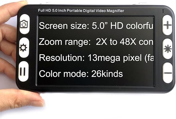 Electronic Digital Video Magnifier, Portable Reading Aid 5.0 Inch with Foldable Handle for The Visually Impaired Macular Degeneration Low Vision, 2X-48X Times Zoom 26 Color Modes,Black