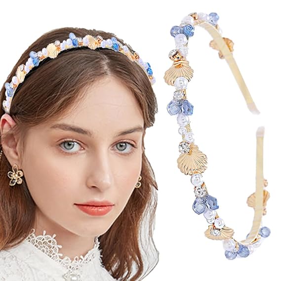 Gold Starfish Headbands Thin Pearl Headband Crystal Hair Band Rhinestone Hair Hoop for Women and Girls Hair Accessory for Beach Wedding and Party (Gold, A-Shell)