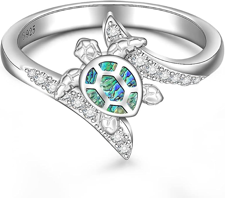 Fenthring Turtle Ring Sea Turtle Abalone Shell Ocean Wave Rings for Women Sterling Silver Animal Good Luck Mothers Day Longevity Gifts Size 6 7 8 9 10