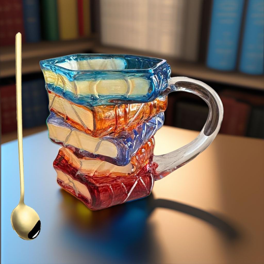 Vintage Embossed Coffee Mugs，11 Oz Oats Containers Tea Cups with Spoon，Clear Glass Cups for Cappuccino, Latte, Cereal, Yogurt, Beverage Hot/Cold (Book Mug)