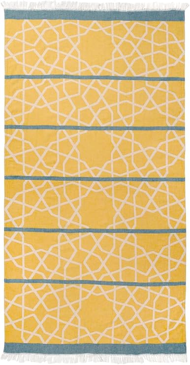 Marrakech Turkish Beach Towel, Oversized (35x63) Sand Repellent Quick Dry 100% Turkish Cotton Towel for Spa Yoga Travel Picnic Sarong, 400gsm (Saffron/Blue)