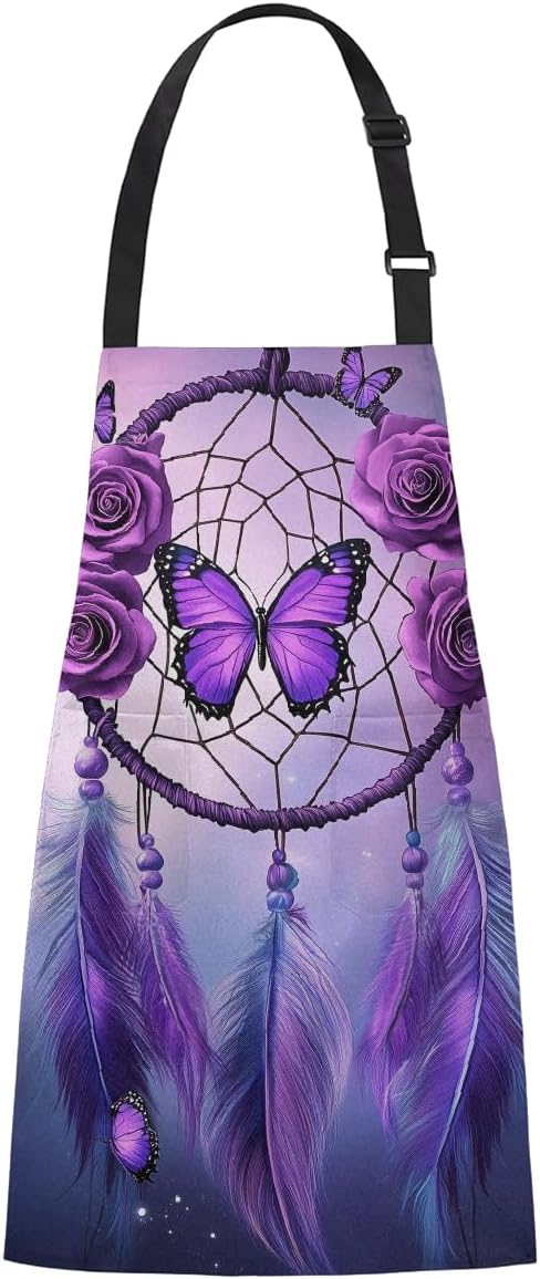 Adjustable Kitchen Apron Purple Butterfly Roses Dream Catcher Apron Bib for Women Men Cooking Aprons Water and Oil Resistant Waiter Aprons with 2 Pockets for Restaurant Coffee Shop