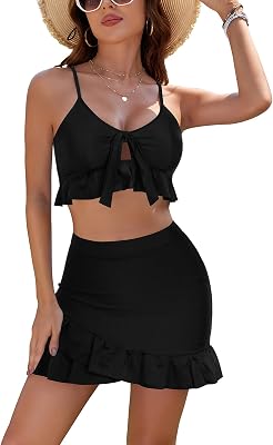 SHEKINI Womens Bikini Set Ruffle Trim Swim Skirt Tie Knot Cut Out Top High Waist Bottom Tankini Two Piece Swimsuits