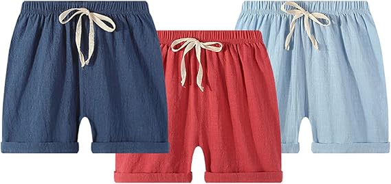 EISHOW 2-7T Toddler 3-Pack Shorts Set Baby Boy Girl Shorts Summer Cotton Linen Solid Color Short Beach Pants with Pocket