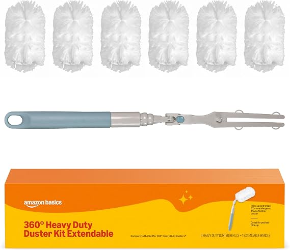 Amazon Basics 360 Heavy Duty Duster Kit with Extendable Handle and 6 Microfiber Plumes Refills for Pet Hair