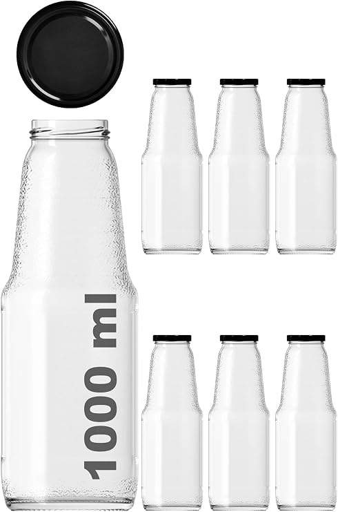 1000 ml Şeffaf Meyve Suyu Şişesi, Meşrubat, Limonata Şişesi Metal Kapaklı 1000 Cc Boş Cam Şişe (6, Siyah Kapak, 1000, Mililitre)