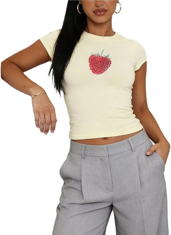 Womens Basic T Shirts Summer Tops Graphic Short Sleeve Crop Tops Cute Y2k Baby Tee Going Out Clothes