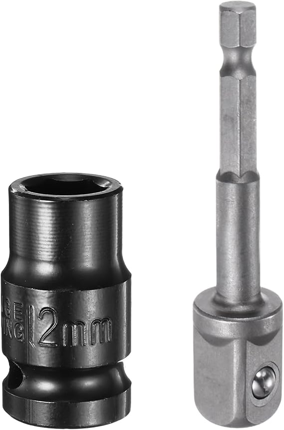 sourcing map Deep 6-Point Impact Socket 1/2" Drive 12mm Metric Socket 1.5" Length with 1/4" Hex Shank Adapter, CR-V Steel Socket Adapter Accessory Tool Set Kit for Hex Bolts Nuts