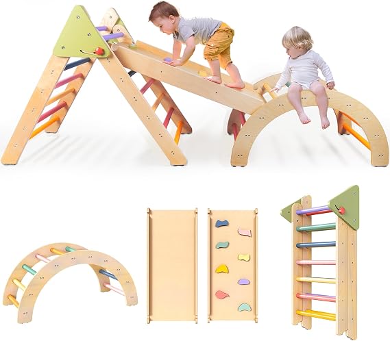 LOL-FUN Foldable Pikler Triangle Climbing Toy with Slide for Toddlers 1-3