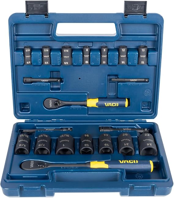 VAC4202 20-Piece 2-in-1 Impact Flip Socket Set with Case, Adapters, Ratchet, 14 Sockets, 28 SAE and Metric Sizes for 1/4 and 3/8-Inch Drives