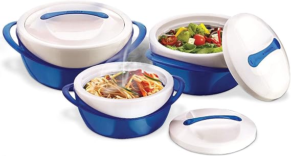 Pinnacle Insulated Casserole Dish with Lid 3 pc. set 2.6/1.25/.6 qt. Elegant Hot Pot Food Warmer/Cooler - Large Thermal Soup/Salad Serving Bowl- Stainless Steel Best Gift Set for Moms Holidays Blue