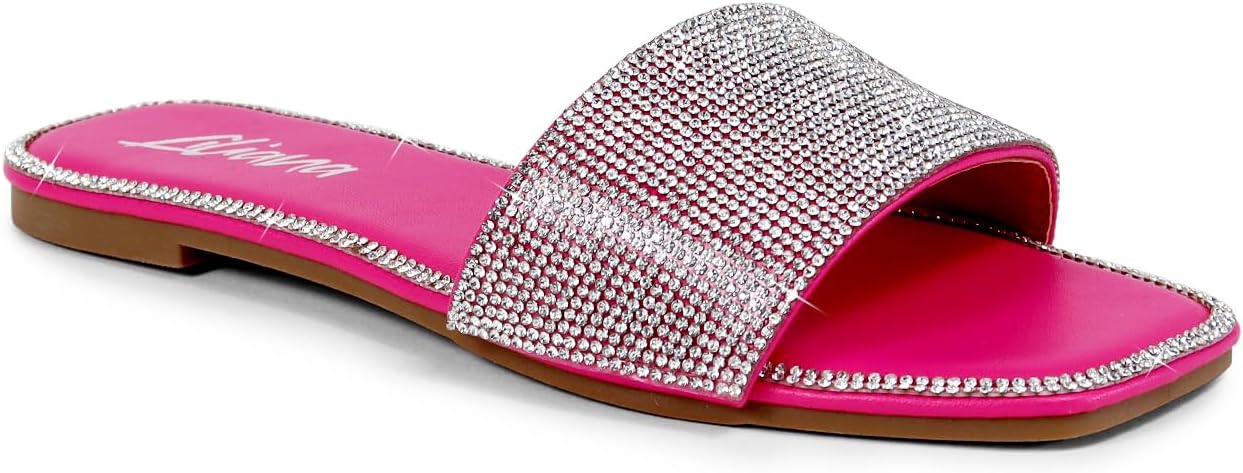 Liliana Womens Rhinestone Flat Sandals Slip On Slide sandals