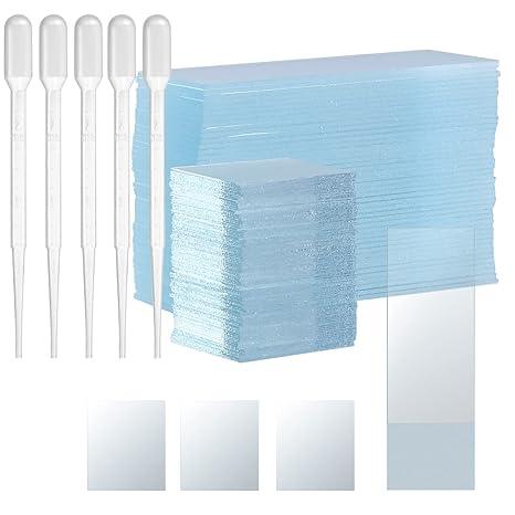 Pack of 100 Microscope Slides & 50 Cover Glasses Pre-cleaned for laboratory science biology plants research with 5 droppers