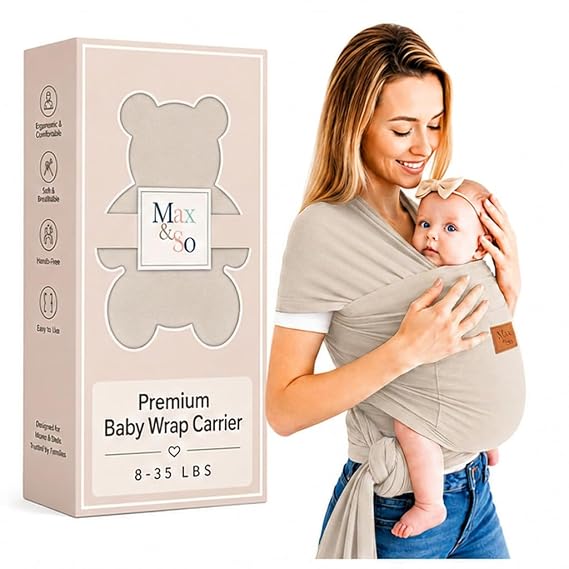 Baby Wrap Carrier - Breathable Cotton Newborn to Toddler Carrier 8-35 lb - Secure Postpartum Baby Holder with Front Pocket by Max&So (Grey)