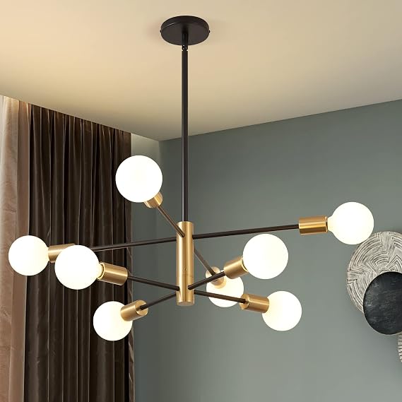 Modern Sputnik Chandelier,KAISITE Black and Gold Chandelier,Mid Century Pendant Light LED Pendant Lighting Gold Chandeliers Ceiling Light Fixture for Kitchen Dining Room Living Room Bedroom.8-Lights